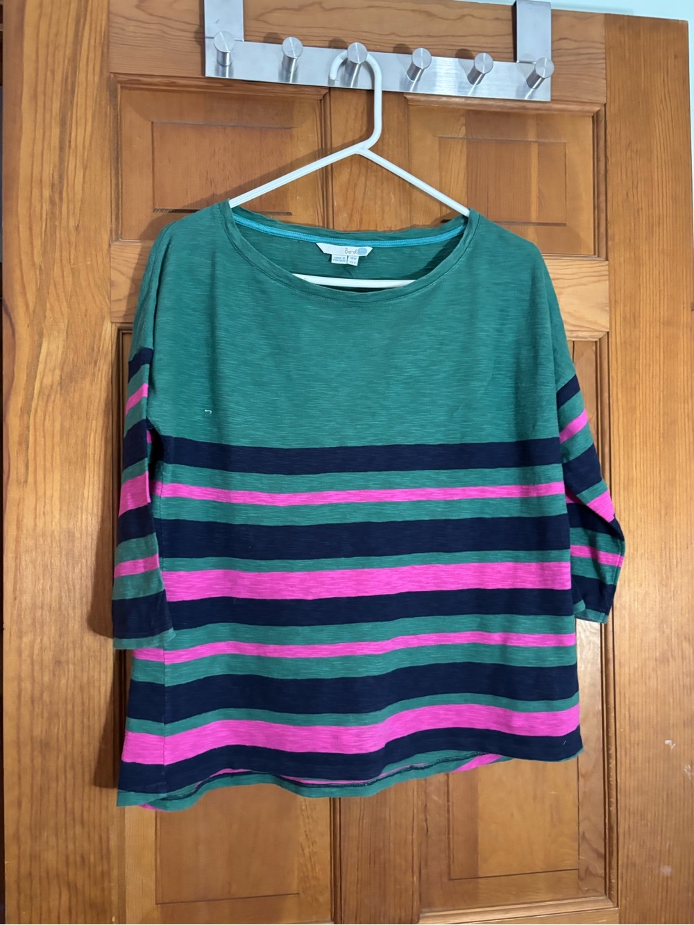 Boden Green Striped Top with Navy and Pink Bands